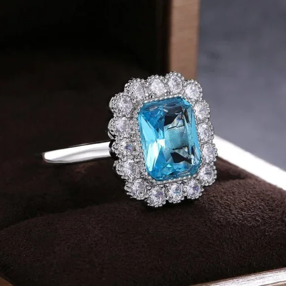NEW Silver Radiant Cut Aquamarine Halo Ring